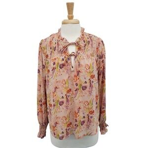 Ophelia Roe Romantic Floral Smocked Blouse‎ Pink Tie Neck Long Sleeve Womens L